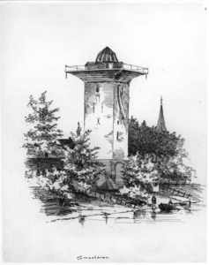 30906 Gezicht op de stadswal te Utrecht met de tot sterrenwacht verbouwde Smeetoren, uit het ...