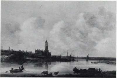 6287 Gezicht op de Rijn bij Rhenen met de Cuneratoren uit het westen, met op de voorgrond de veerpont.