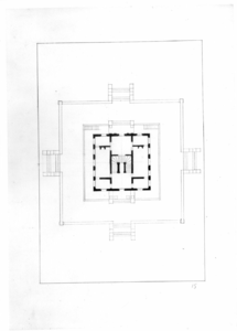 135137 Plattegrond van een gebouw met een vierkante plattegrond op een verhoogd terras.