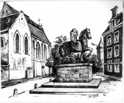 36917 Gezicht op het Janskerkhof te Utrecht met het ruiterstandbeeld van bisschop Willibrord en links een gedeelte van ...