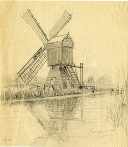 200379 Gezicht over de Angstel bij Baambrugge (gemeente Abcoude-Baambrugge) op de Slotpoldermolen.