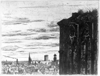 36988 Gezicht op een luchtboogstoel van het koor van de Domkerk te Utrecht met daarachter een panorama van het ...