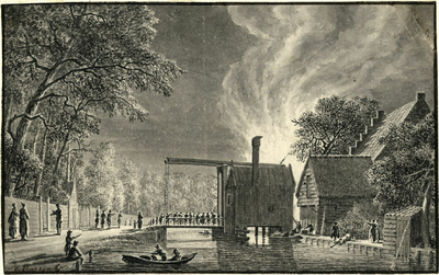 200385 Gezicht op de Angstel te Baambrugge tijdens een nachtelijke brand.