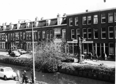 86572 Gezicht over het Zwarte Water op de Zaagmolenkade te Utrecht tijdens het kappen van een boom.