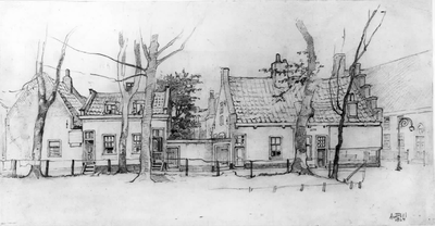 35349 Gezicht op de huizen aan het Geertebolwerk te Utrecht tussen de Andreasstraat (geheel links) en de Lange ...