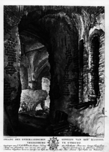 30937 Gezicht in het zuidwestelijke bastion van kasteel Vredenburg te Utrecht vanuit de ingang, uit het ...