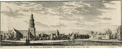 200256 Gezicht op IJsselstein met links de Nicolaaskerk en rechts het kasteel, uit het noorden.01-01-1744-31-12-1744