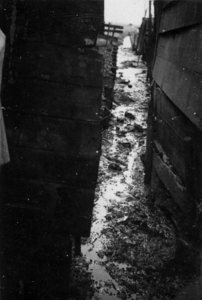 26268 Gezicht op een open riool achter een privaat te Spakenburg (gemeente Bunschoten).