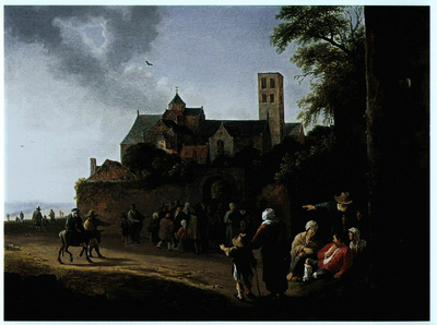 26180 Gezicht op de Mariakerk te Utrecht uit het noordwesten, met een gefantaseerde voorgrond met reizigers, pelgrims ...