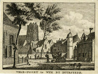 200165 Gezicht op Wijk bij Duurstede met rechts de Veldpoort en op de achtergrond de toren van de Grote Kerk.