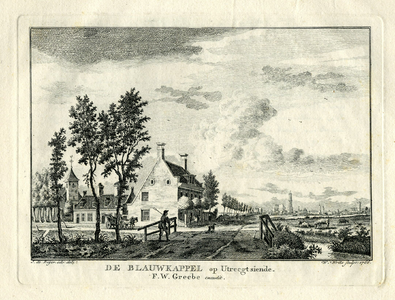 200440 Profiel van de stad Utrecht gezien vanuit Blauwkapel, met links de Nederlands Hervormde kerk.N.B. Het huis met ...