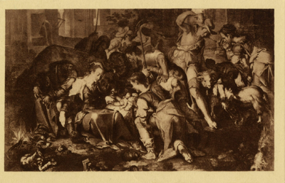 121486 Afbeelding van het, door Joachim Wtewael (1566-1638) in 1598 vervaardigde, schilderij De aanbidding van de ...