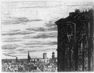 36254 Gezicht op de stad Utrecht - in spiegelbeeld - vanaf het dak van het koor (?) van de Domkerk naar het ...