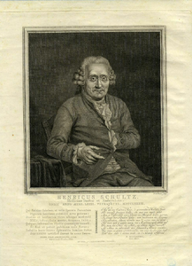 32071 Portret van Hendrik Schultz, geboren 1708, geneesheer te Utrecht, overleden 1789. Te halve lijve rechts, ...