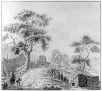 31642 Gezicht op een landschap met een landweg over een brug over een (niet zichtbaar) water ergens in het buitengebied ...