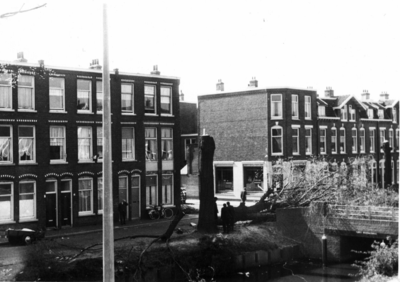 86565 Gezicht over het Zwarte Water op de Zaagmolenkade te Utrecht tijdens het kappen van een boom bij de Floris ...