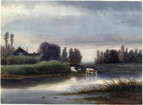 200339 Gezicht op een boerderij half verscholen in het groen en twee koeien aan de oever van de rivier het Gein met aan ...