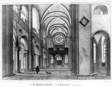 37320 Interieur van de Mariakerk te Utrecht: het schip en de zijbeuken gezien vanuit de viering, uit het ...