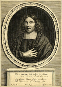 31909 Portret van Nicolaas Haring, geboren 1633, predikant te Utrecht (1681-1708), overleden 1708. Borstbeeld links, in ...