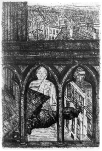 36986 Gezicht op de balustrade van het koor van de Domkerk te Utrecht en een waterspuwer met daarachter de huizen aan ...