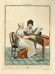 200982 Afbeelding van twee vrouwen in Hernhutter klederdracht zittend aan een tafelpiano in het Zusterhuis te Zeist.