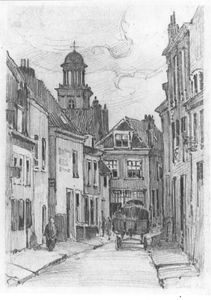 35431 Gezicht in de Kalverstraat te Utrecht uit het oosten met op de achtergrond de toren van de St.-Augustinuskerk.