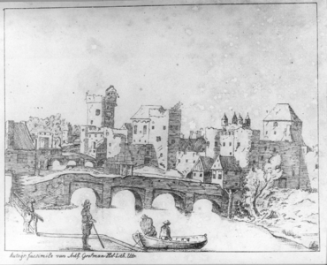 36521 Gezicht op de zuidzijde van de stad Utrecht uit het zuidoosten, met de beide Tolsteegpoorten voor de verbouwing ...