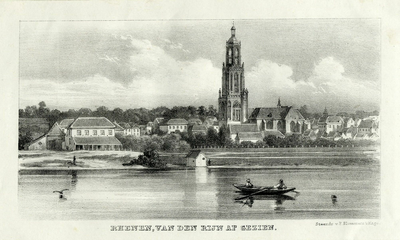 200131 Gezicht op Rhenen uit het zuidwesten vanaf de zuidoever van de Rijn.01-01-1843-31-12-1887