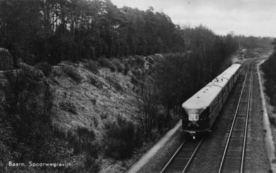 160575 Afbeelding van twee gekoppelde diesel-electrische treinstellen DE 3 (serie 11-50) van de N.S. te Baarn.