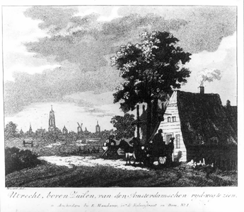 35154 Gezicht op een herberg aan de Amsterdamsestraatweg te Utrecht met het silhouet van de stad op de ...