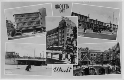 124040 Collage van gezichten te Utrecht:- Stationspostkantoor;- Jaarbeursgebouw;- Centraal Station;-Leidseveertunnel;- ...