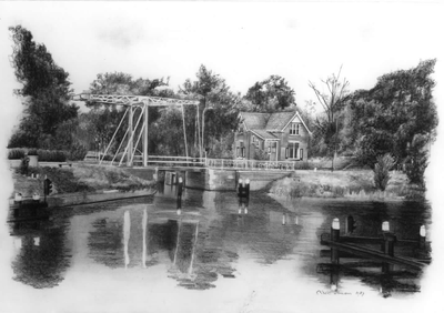 35438 Gezicht op het huis Kanaalweg 89 te Utrecht met de ophaalbrug bij de sluis in de Leidsche Rijn, vanaf de ...