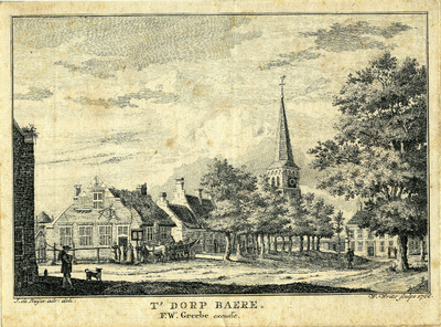 200404 Gezicht in het dorp Baarn met op de achtergrond de toren van de Nederlands Hervormde kerk.01-01-1740-31-12-1750