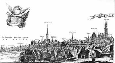 30777 Profiel van de stad Utrecht uit het westen gezien, van Bemuurde Weerd tot en met het Bisschopshof. Met linksboven ...