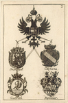 38693 Afbeelding van de wapens van de afgevaardigden Sinzendorf, Corsana, Consbruch en Kirchner, vertegenwoordigers ...