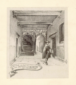 38601 Interieur van het huis Oudegracht Weerdzijde 152: de vestibule, met een man in 17de-eeuwse kleding.N.B. Het adres ...