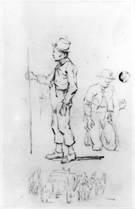 35342 Schets van twee mannen en een koets met paarden.