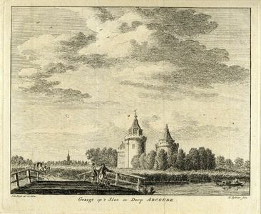 201034 Gezicht op het slot Abcoude met het dorp Abcoude op de achtergrond, uit het zuidwesten.01-01-1745-31-12-1750