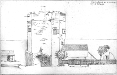 36550 Gezicht op de landzijde van de toren op het St.-Servaashek te Utrecht met het dubbele hek voor de uitmonding van ...