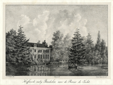 201446 Gezicht over de Vecht bij Breukelen op de voorgevel van het huis Hoffwerk, uit het zuidoosten.01-01-1835-31-12-1836