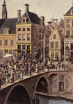124898 Gezicht op de Bakkerbrug en de huizen aan de Oudegracht te Utrecht aan weerszijden van de Bakkerstraat tijdens ...