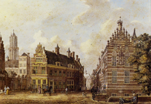 124900 Gezicht op de noordzijde van de Pausdam te Utrecht met links een gezicht in Achter de Dom met de Domtoren op de ...