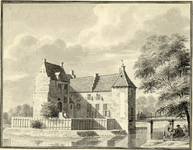 201850 Gezicht over de slotgracht op de ridderhofstad Rhijnauwen tussen Utrecht en Bunnik, uit het westen, met rechts ...