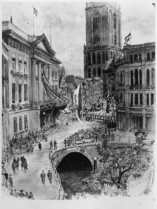 100099 Gezicht op de Stadhuisbrug te Utrecht, tijdens de opvoering van het spel Wij vertrouwen ter gelegenheid van het ...