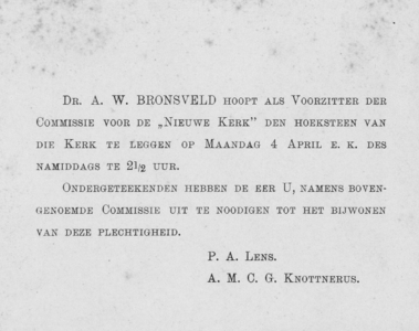 220022 Afbeelding van het uitnodigingskaartje voor het bijwonen van de eerste steenlegging van de Nieuwe Kerk ...