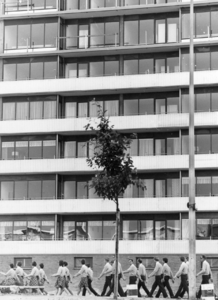 101340 Afbeelding van deelnemers aan de Avondvierdaagse te Utrecht, tijdens doorkomst door de nieuwe wijk Overvecht.