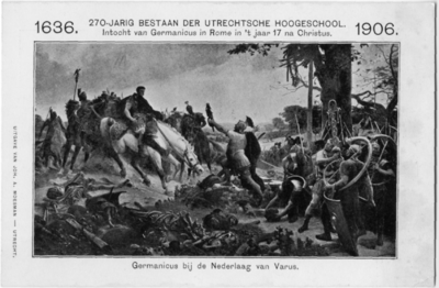 129360 Afbeelding van een prentbriefkaart van een schilderij, voorstellende Germanicus bij de nederlaag van Varus; ...