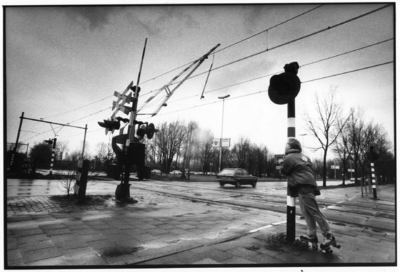 103421 Afbeelding van een omgewaaide en tegen de bovenleiding gevallen overwegboom van de spoorwegovergang in de ...