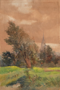 804904 Gezicht op een weiland met een boom, met op de achtergrond het silhouet van de St.-Monicakerk (Herenweg 99) te ...