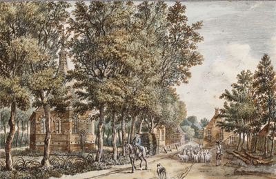 827375 Gezicht in het dorp Driebergen met links de St.-Catharinakapel en rechts een schaapherder en op de achtergrond ...